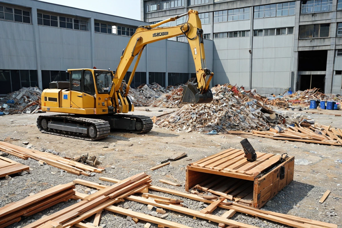 수원 당수동 학원 철거 현장에서 철거 전 사전 점검을 위한 유해물질 검사 장비와 재활용 가능한 목재, 금속 재료가 분리되어 놓인 모습. 철거 작업장의 청결한 배경과 정리된 재료들이