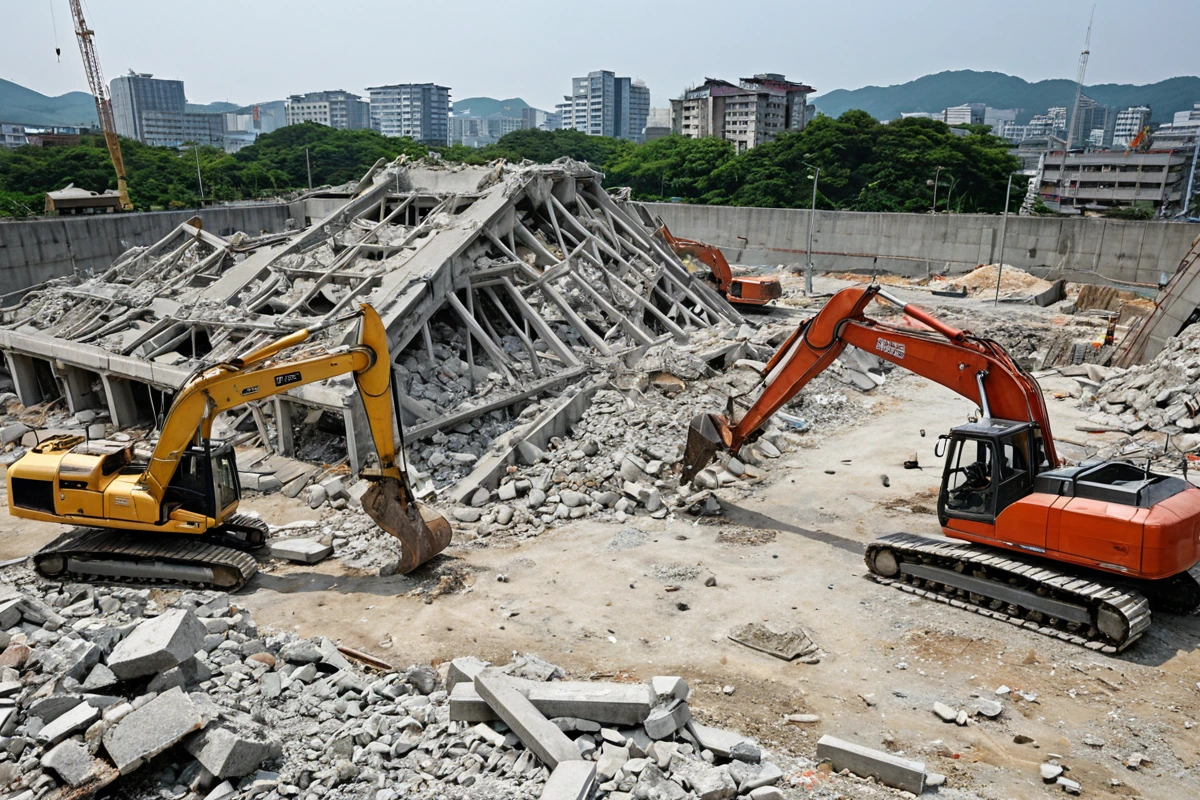수원 망포2동 철거 현장에서 전문가가 현장 점검 중인 모습, 철거 장비와 함께 철거 전 구조물 상태를 확인하는 철거 현장의 정리된 공간, 구조물의 안전 상태를 점검하는 장면