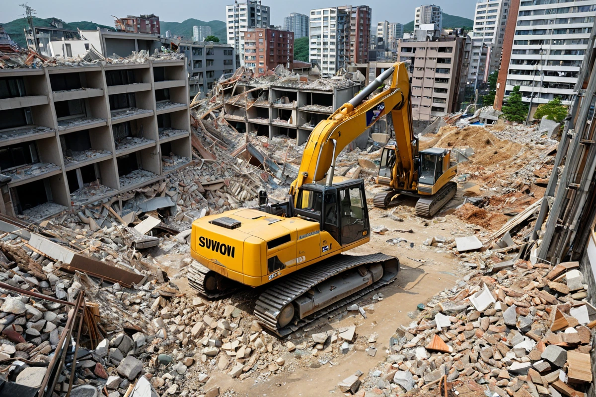 수원 매교동의 주거 지역에서 철거 작업 중인 전문 장비가 철거된 건물 잔해를 청소하는 모습. 투명한 가격 정책을 강조하는 안심철거의 표지판이 보이지 않는 철거 현장.