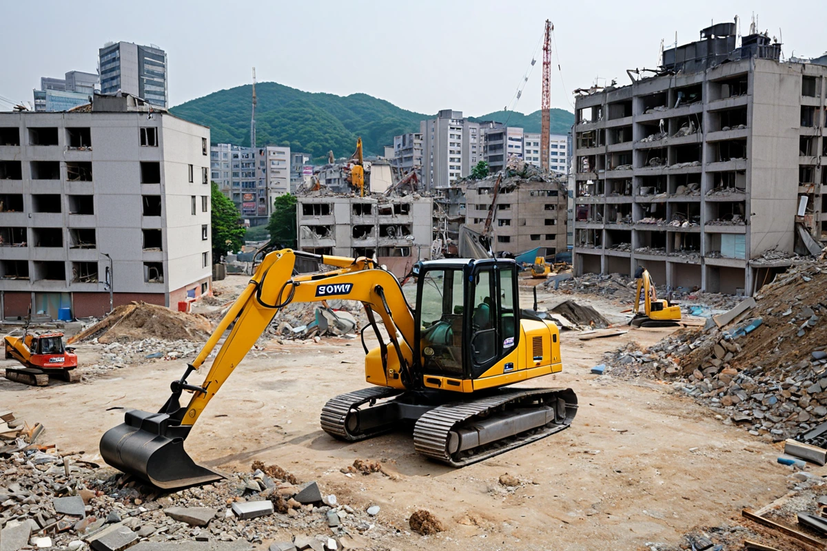 수원 매교동 주거 지역에서 철거 작업 중인 장비가 소음과 진동을 최소화하는 모습. 주변 건물과 조화를 이룬 철거 현장의 평온한 분위기.