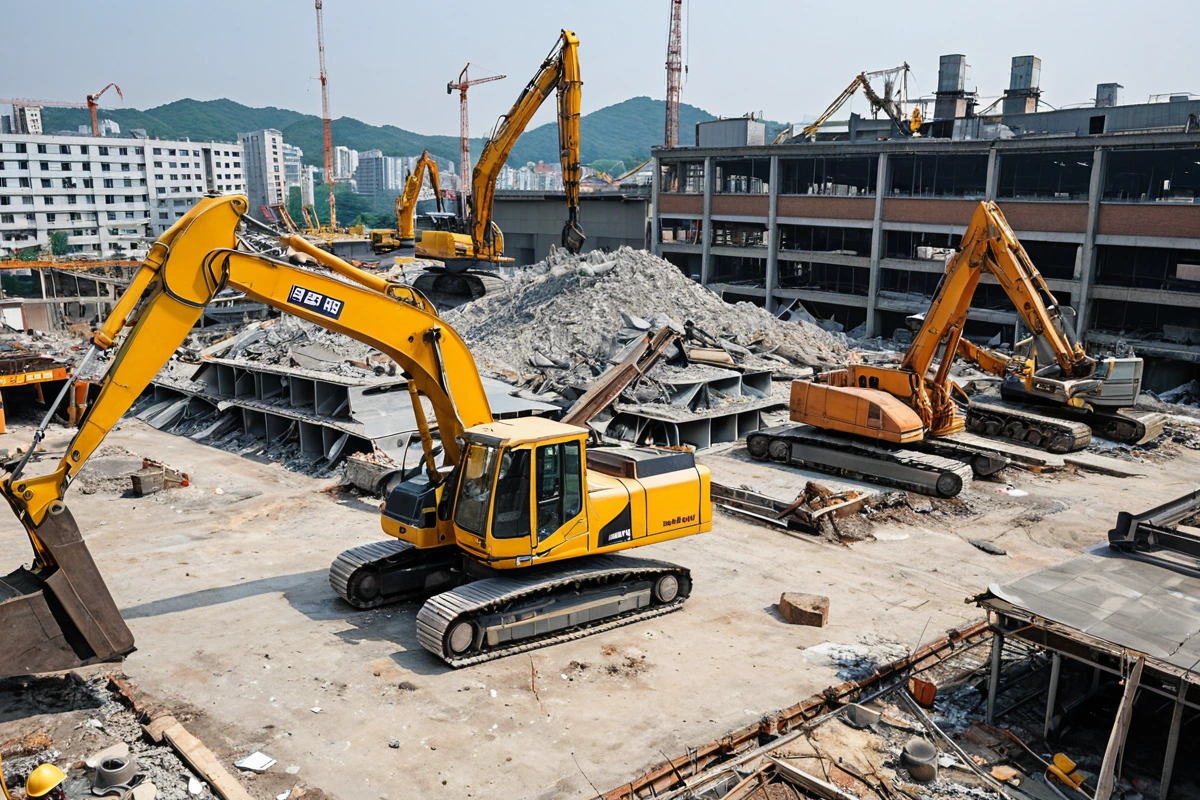수원 매산동의 현대적인 건물 철거 현장, 철거 중인 건물의 구조물과 철거 장비가 정리된 모습, 투명한 견적서가 테이블 위에 놓여 있는 상황