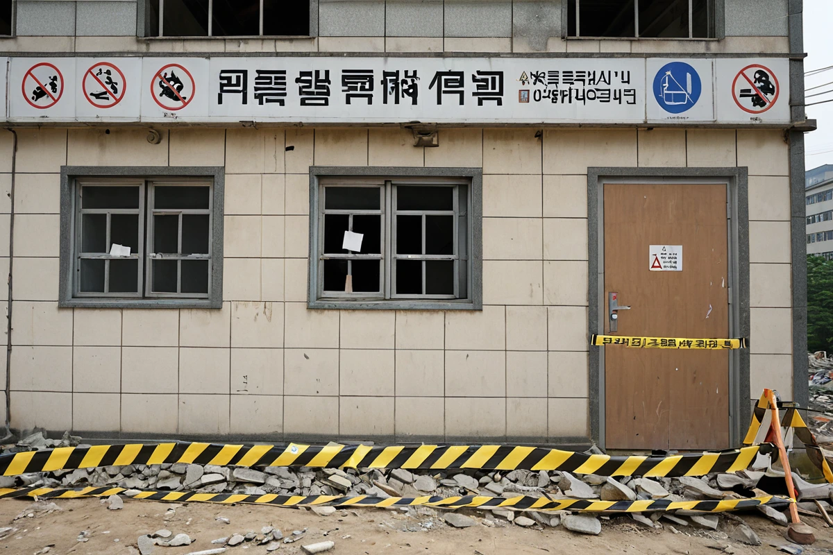 수원 매산동 학원 철거 현장, 철거 전 학생과 교사의 안전을 위한 대피 계획 표시가 놓인 학원 건물 외관. 철거 작업을 위한 안전 테이프와 경계 표시가 정확히 설치되어 있는 모습.