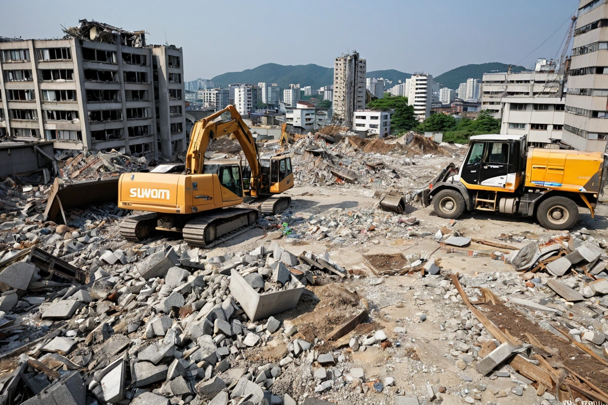 수원 매탄1동 지역의 주택 철거 현장에서 철거 장비가 정리된 모습, 철거된 건물 잔해와 폐기물 처리 차량이 배경에 위치한 현실적인 장면