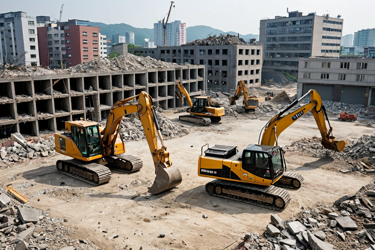 수원 매탄3동 지역의 중소 규모 건물 철거 현장에서, 철거 작업을 위한 장비가 정리된 모습. 인건비, 장비 대여비, 폐기물 처리비를 나타내는 표시판 없이, 건물 잔해와 철거 장비가