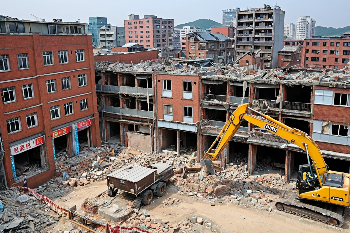 수원 매탄4동 주거지와 상업지가 혼재된 거리에서 구조물의 오래된 건물이 철거 중인 모습, 건물 외벽의 흠집과 철거 장비가 정리된 현장