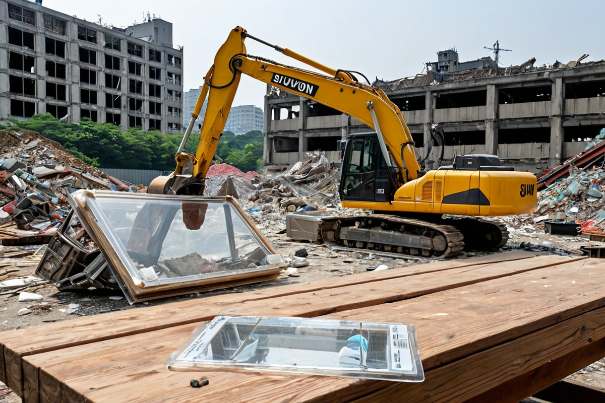 수원 매탄지구 철거 현장에서 세분화된 비용 내역이 표시된 투명한 가이드 카드가 테이블 위에 놓여 있는 모습. 철거 작업 장비와 잔해 처리 용품이 정리된 배경에서 자연스럽게 조화를