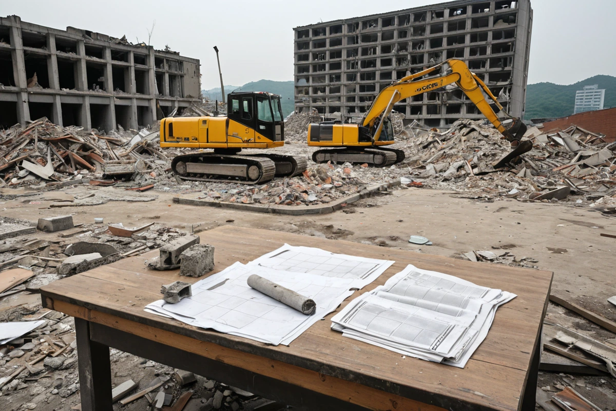 수원 매향동의 철거 현장에서 철거 작업 중인 장비가 정리된 모습. 철거된 건물의 잔해가 깔끔하게 정리되고, 철거 과정의 투명성을 보여주는 철거 비용 견적서가 테이블 위에 놓여 있습