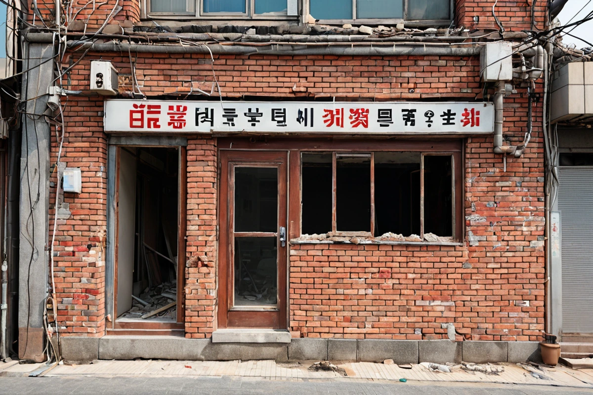 수원 서둔동 식당 철거 전 건물 외벽의 구조적 상태를 점검하는 현장에서, 건물 외벽에 부착된 구조 진단 도구와 함께 철거 작업 준비 중인 철거 장비가 배치된 모습. 건물 외벽에는