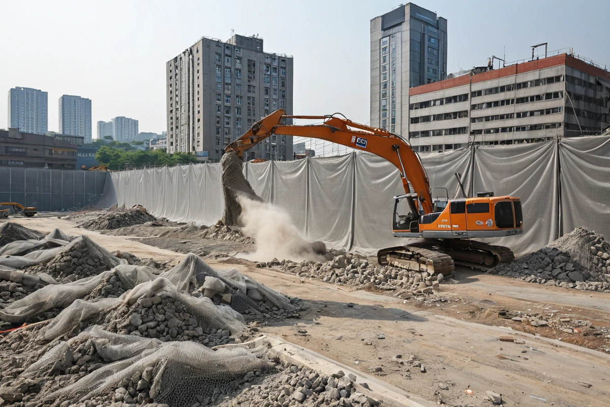 수원 서둔동 주변 학원과 상가가 밀집한 지역에서 철거 작업 중 소음과 먼지 관리를 위한 전용 차폐망이 설치된 장면. 철거 과정에서 주변 환경을 보호하기 위한 철저한 준비가 이루어지