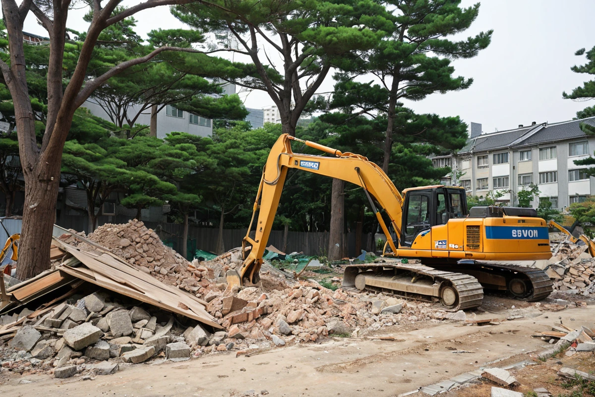 수원 세류2동의 주거지역에서 철거 작업 중인 장비가 주변 주민의 불편을 최소화하기 위해 소음 차단 장치를 사용하고 있는 현장. 철거 작업의 정밀함과 주변 환경 보호를 강조하는 철거