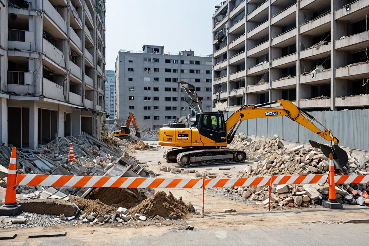 수원 세류2동의 주거지역에서 철거 작업 중인 전문 철거 장비가 철거 중인 건물 주변의 안전 울타리와 함께 정리된 모습. 철거 작업의 전문성과 안전 관리를 보여주는 철거 현장의 평온
