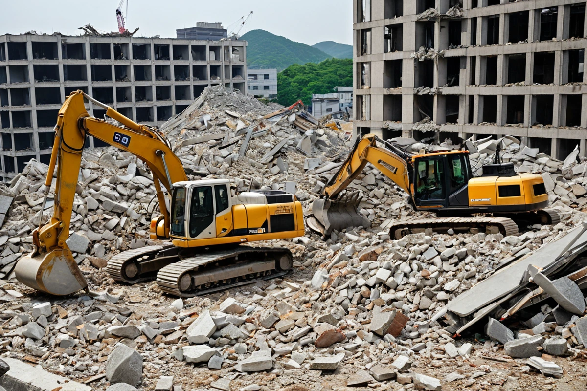 수원 세류3동의 주택 철거 현장에서 철거 작업을 진행 중인 장비와 철거된 건물의 잔해가 정리된 모습. 철거된 건물의 구조물이 잘 보이고, 철거 장비가 안전하게 배치된 모습.