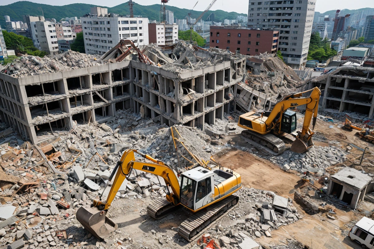 수원 세류동의 50평 규모 콘크리트 주택 철거 현장, 철거 중인 건물의 구조와 철거 장비가 정리된 모습, 철거 과정에서 발생한 잔해가 깔끔하게 분리된 채로 배치된 모습