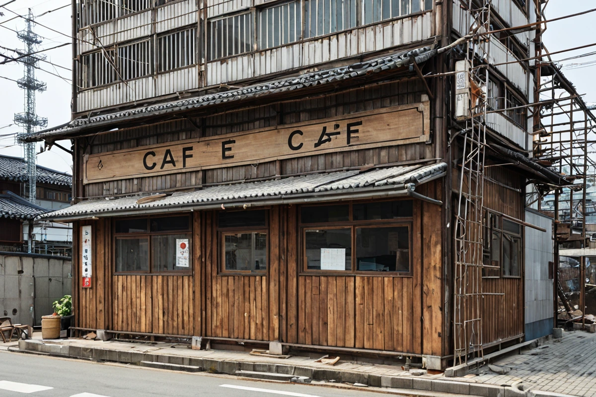 수원 세류동의 카페 건물 외부에서 철거 작업을 준비하는 모습. 목조 구조의 카페 건물과 철재 구조물의 비교를 보여주는 간결한 장면, 건물 외벽에 철거 전 점검 표시가 보이는 상황.