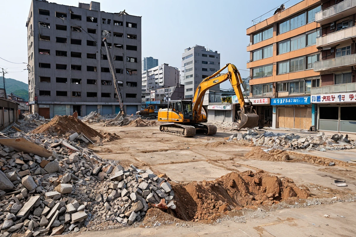 수원 세류동 주거와 상업이 혼재된 지역의 카페 철거 현장, 주변 건물과의 거리가 유지된 채로 철거 작업 중인 장소. 주간 작업 시간을 고려한 조명과 철거 장비가 안전하게 배치된 모