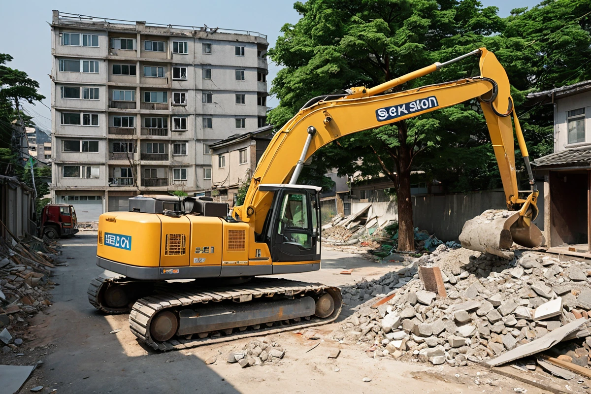 수원 세류동 주거 지역 인근에서 철거 작업 중 소음과 진동을 최소화하기 위해 철거 장비가 조용하게 운영되고 있는 장면. 주변 건물과 나무들이 보이는 조용한 거리에서 철거 작업이 진