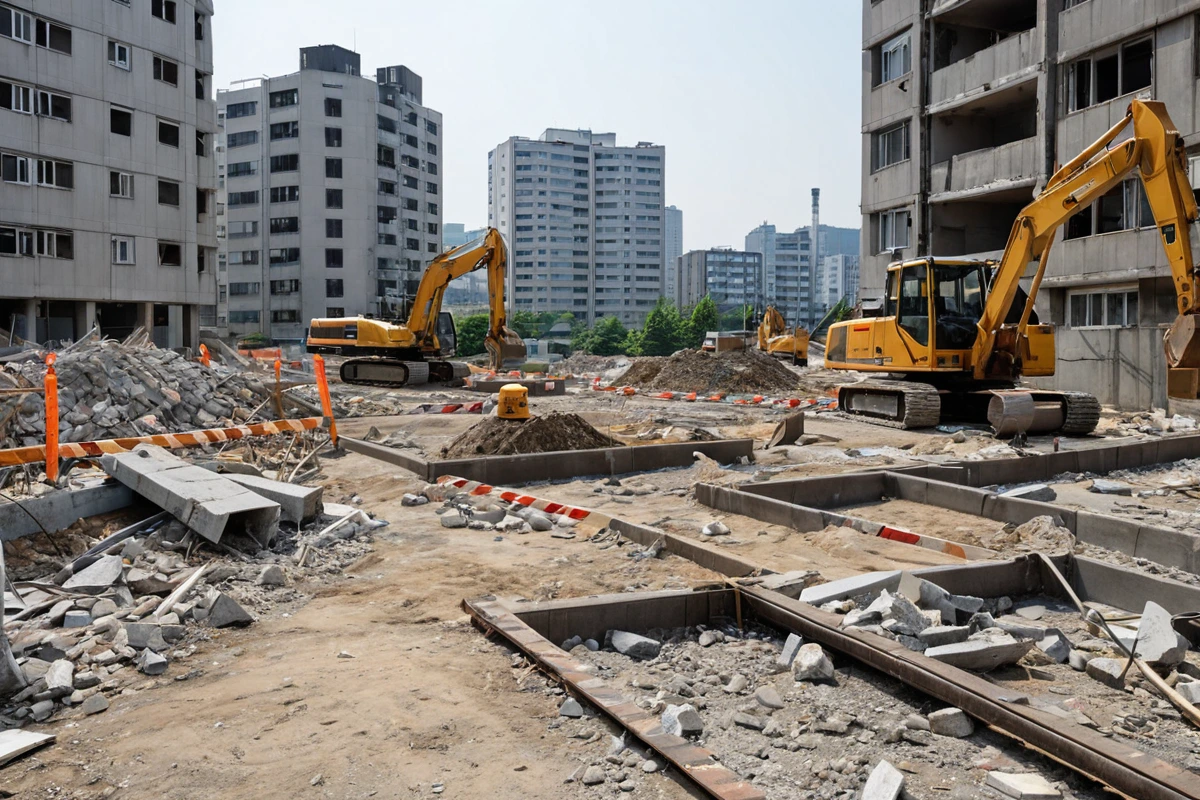 수원 세류동 주거지 인근 학원 철거 현장, 안전 점검을 위한 구조 검사 도구와 안전 표지가 배치된 철거 장소. 주변 건물과의 거리가 적절히 유지된 철거 작업 중인 모습.
