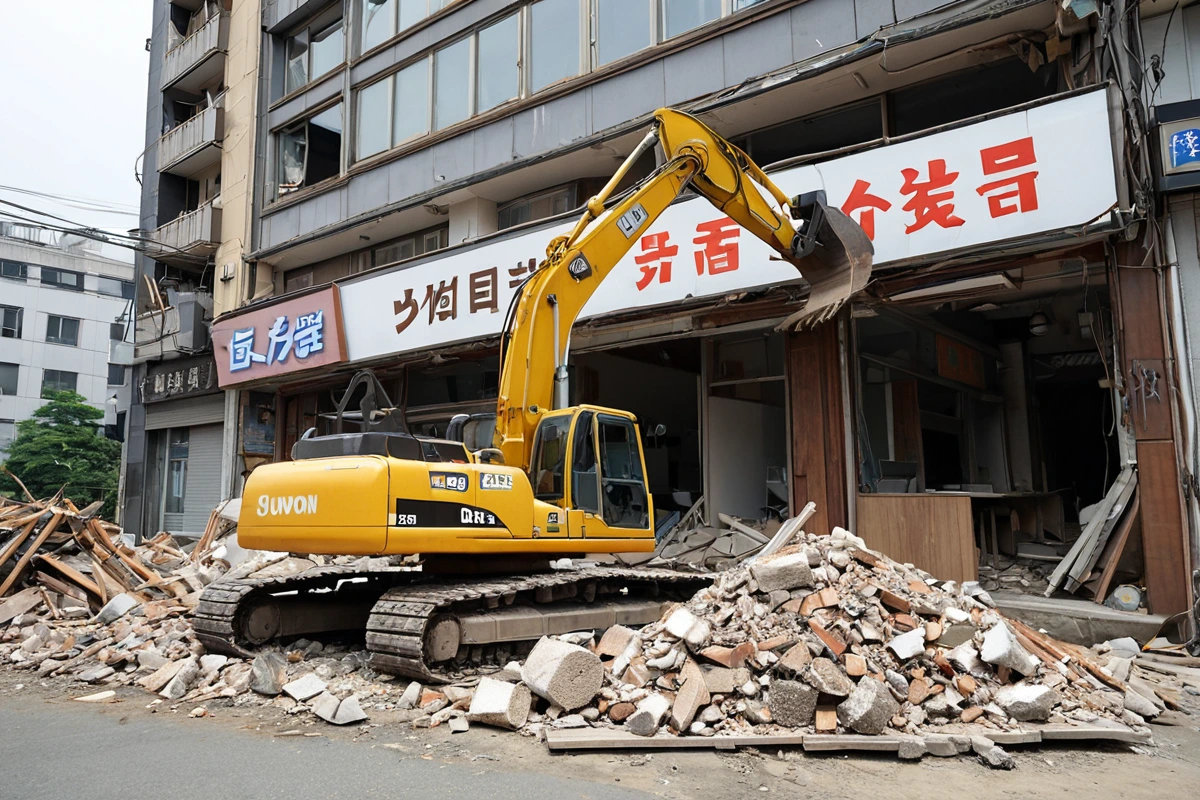 수원 세류동 카페 철거 현장에서 철거 장비가 정리된 모습, 철거된 구조물의 잔해가 깔끔하게 정리된 채로 배경에 철거 전 카페 간판이 남아 있는 모습
