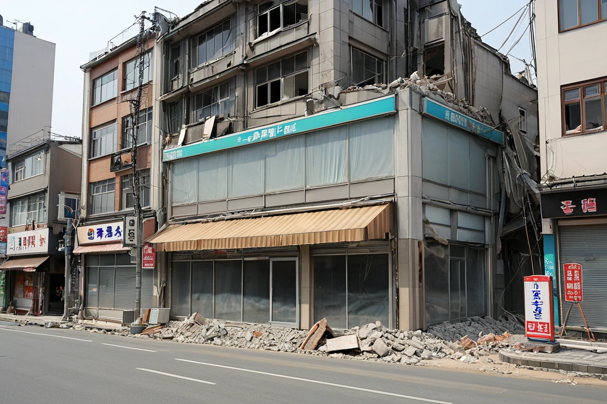 수원 세류동 카페 철거 현장 주변 상가와의 거리가 가까운 상황. 철거 작업 중 진동 관리를 위한 특수 방진 천이 설치된 철거 현장. 주변 상가의 유리창에 진동 차단을 위한 보강 구