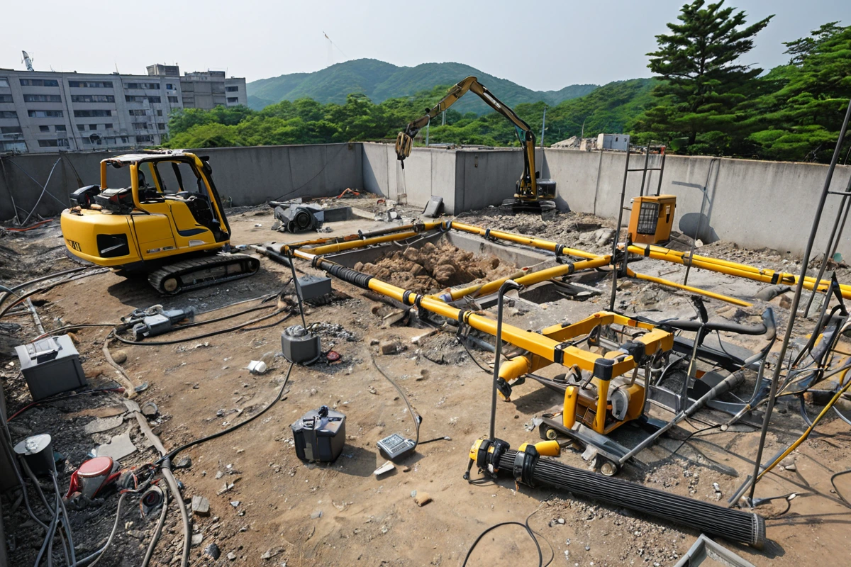 수원 세류동 피시방 철거 현장에서 전기 시설과 가스관을 점검하는 안전 장비와 점검 도구가 놓여진 모습, 안전 점검 과정을 자연스럽게 보여주는 사진
