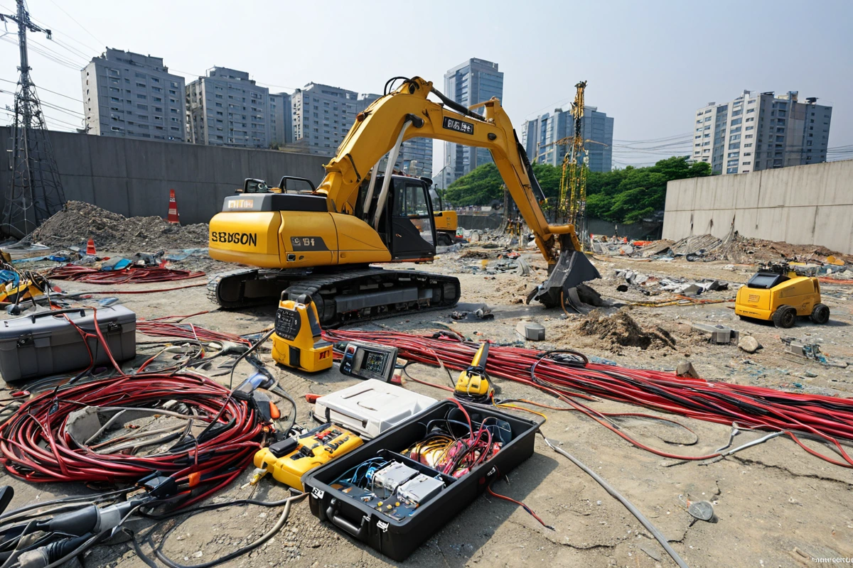 수원 세류동 피시방 철거 현장에서 전원 차단 후 전기 시스템 분리 작업 중인 전기 케이블과 안전 장비가 정리된 작업 공간, 철저한 점검을 위한 현장 관리 도구가 놓인 배경
