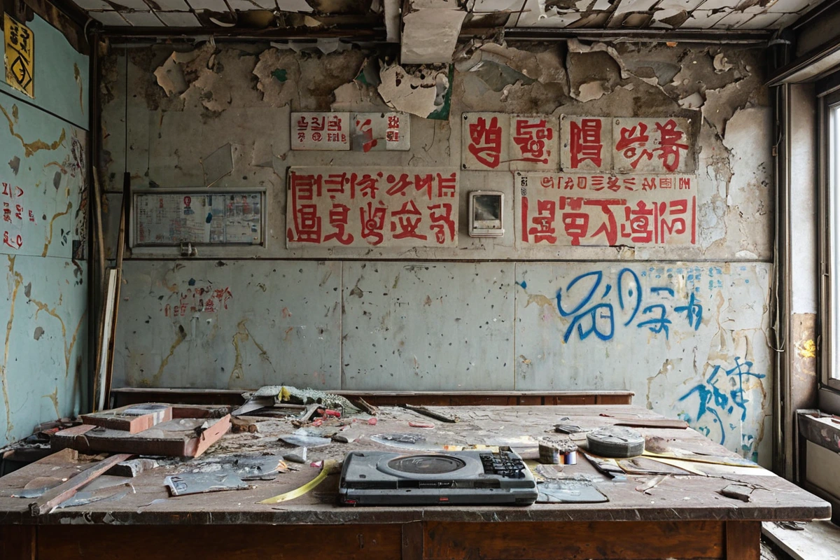수원 세류동 피시방 철거 현장에서 철거 전 건물의 구조와 연령을 점검하는 모습. 건물 외벽에 표시된 낙서와 오래된 간판이 보이며, 철거 전 정확한 비용 계산을 위한 측정 도구가 놓
