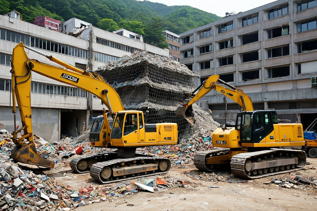 수원 송죽동 중소 규모 학원 철거 현장에서 안전 장비를 갖춘 철거 장비가 구조물의 안정적인 철거를 위해 준비된 모습, 잔해 처리를 위한 컨테이너와 인근 건물의 보호용 방호망이 배경