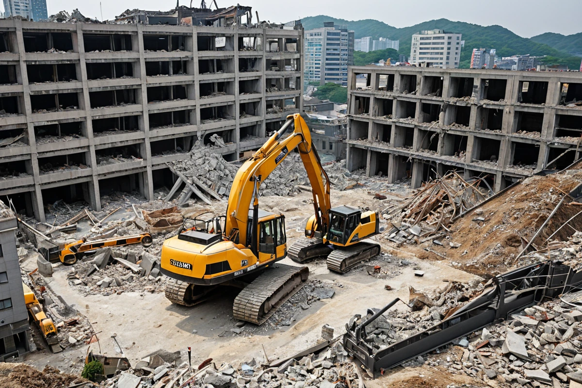 수원 송죽동 지역의 대형 건물 철거 현장에서 기계 철거 장비가 작업 중인 장면, 건물의 구조와 철거 중인 부분이 명확히 보이는 사실적인 사진