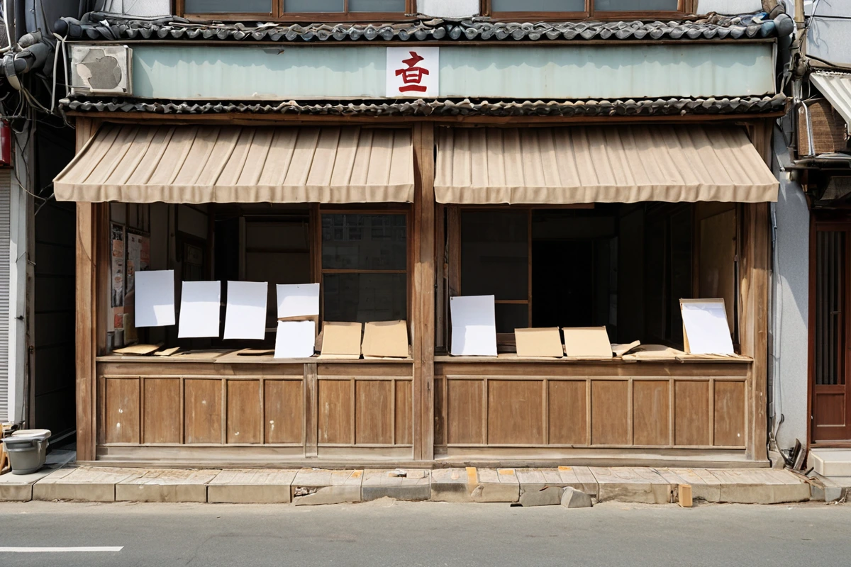 수원 송죽동 피시방 주변 상가와의 협의를 위한 공유된 철거 계획서가 테이블 위에 놓인 모습. 주변 상가의 외관과 철거 계획서의 간결한 내용이 자연스럽게 어우러진 장면으로, 소음과