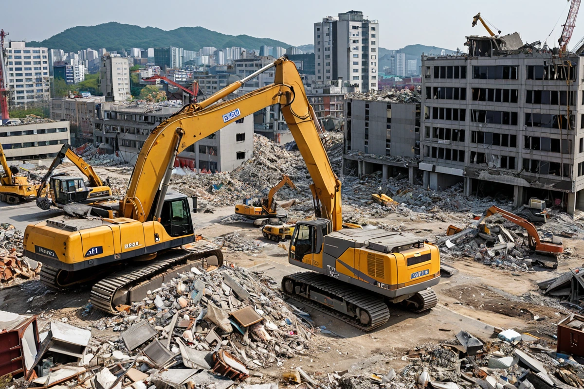 수원역 인근 철거 현장의 철거 작업 중인 건물 외관과 철거 장비가 정리된 모습. 철거된 재료가 옆에 잘 정리되어 있고, 주변 도로와 건물이 자연스럽게 배경으로 보인다.