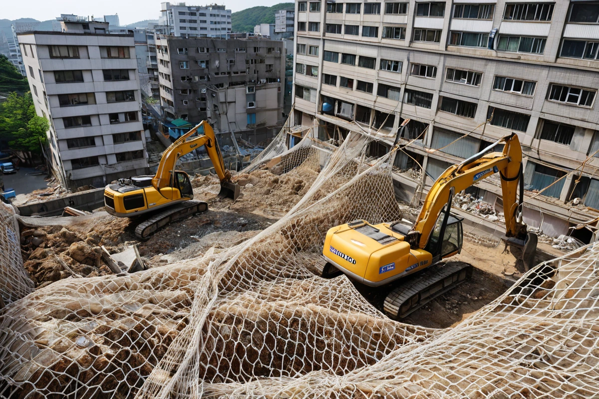 수원 연무동의 주거지역에서 철거 작업 중인 안심철거(경기)의 작업장. 철거 중인 구조물 위에 안전망이 펼쳐져 있고, 철거 장비가 철저한 안전 절차를 따르는 모습. 주변 건물과의 거