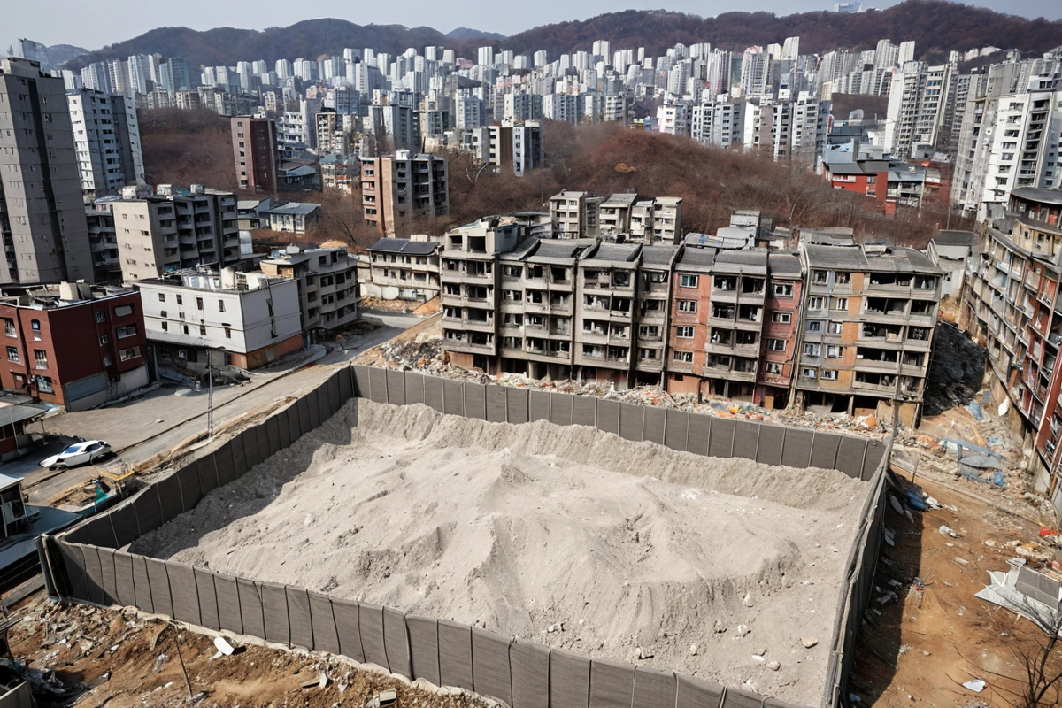 수원 연무동 주거지 밀집 지역에서 철거 작업 중 먼지가 차단된 철거 현장. 주변 건물과 주거지가 보이는 배경에 먼지 차단 시스템이 설치되어 있는 모습.