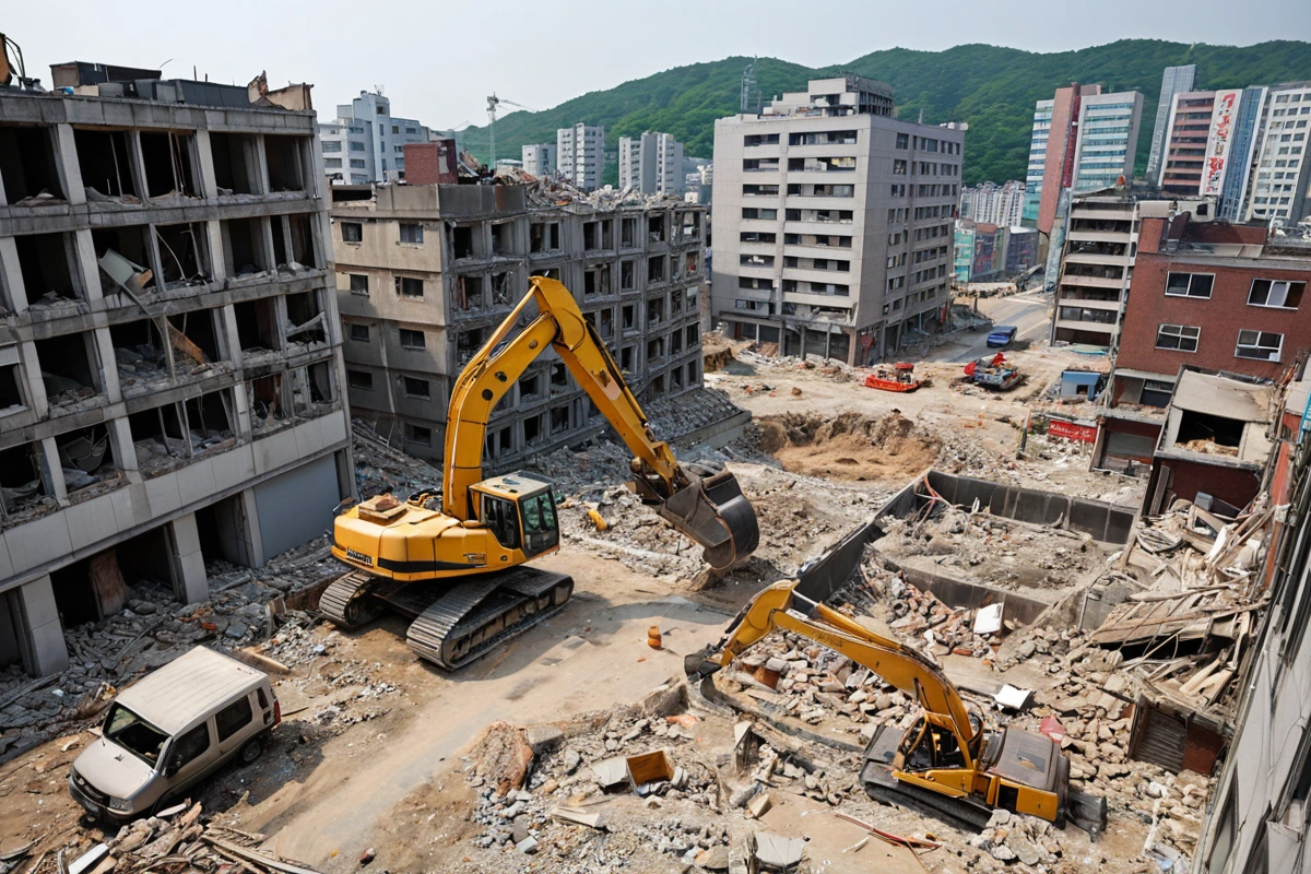 수원 연무동 주변 건물과의 거리가 짧은 지역에서 철거 작업 중인 현장. 건물 구조물이 안정적으로 고정된 상태로 철거 장비가 배치되어 있으며, 주변 건물과의 거리가 짧은 상황을 보여