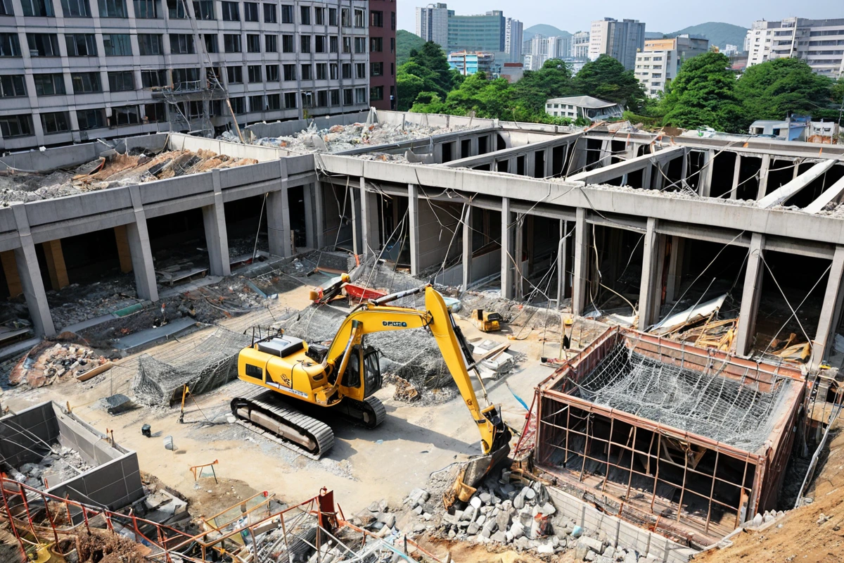 수원 연무동 학원 건물의 철거 중 외벽이 철거된 후 남은 구조물과 전기·가스 시설 분리 작업이 진행 중인 장면. 철거된 부분은 철제 지지대와 안전망으로 보호되어 있다.