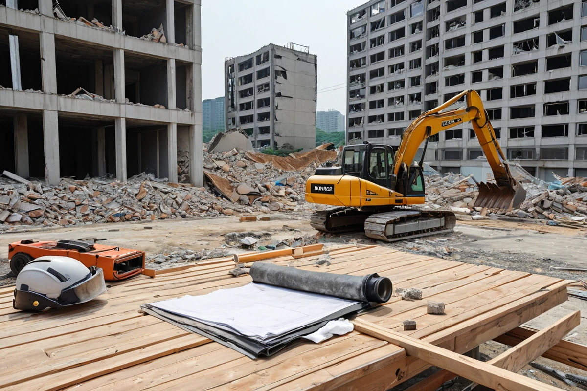 수원 영화동 지역의 현대식 건물 철거 현장, 철거 장비가 정리된 채로 놓인 모습, 철거 면적과 구조물 상태를 고려한 합리적인 비용 계산을 위한 문서가 테이블 위에 놓인 자연스러운