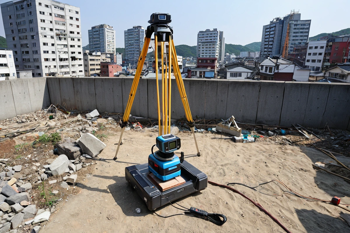 수원 오목천동 지역의 구조물 철거 전 사전 계획 수립을 위한 장면, 철거 전 구조물 상태 점검을 위한 레이저 측정기와 구조적 검사 도구가 놓인 현장, 주변 건물과의 거리가 좁은 도