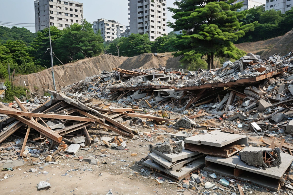 수원 인계동 소규모 주택 철거 현장에서 철거된 재료가 정리된 모습. 주변에 철거 비용 분석을 위한 표시가 없는 간결한 현장 풍경.