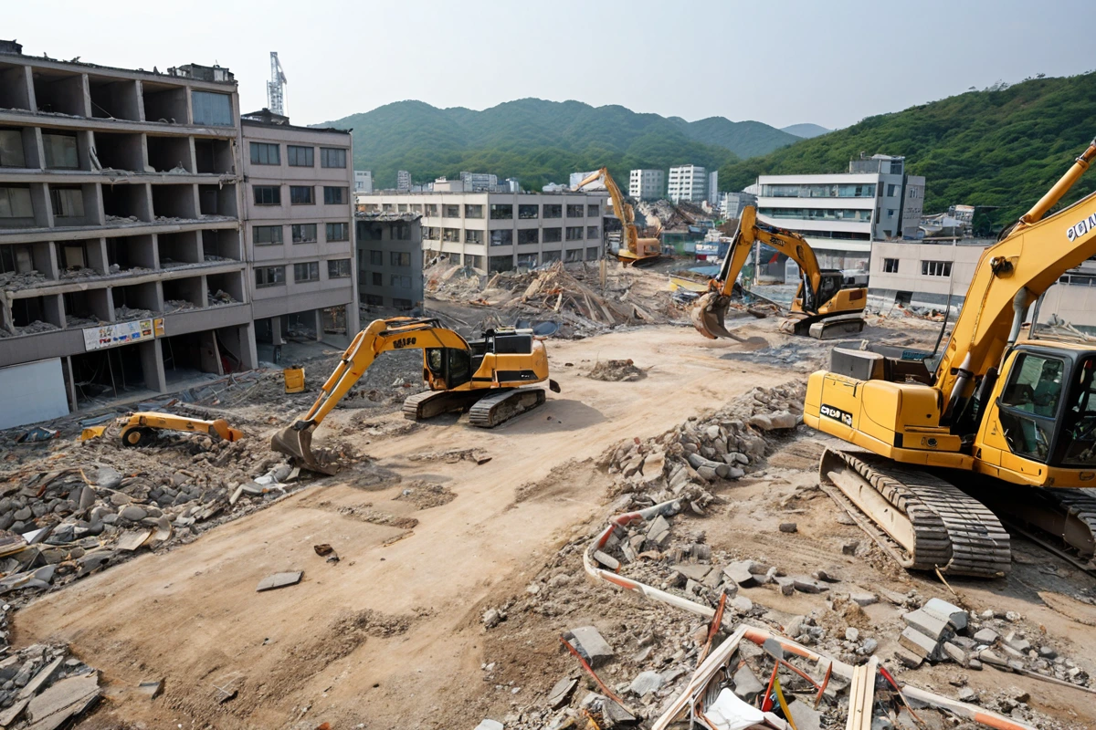 수원 입북동의 2층 학원 철거 현장. 주변에 학교와 상가가 위치한 도로변에서 주말에 진행된 철거 작업 중인 중장비와 철거된 구조물의 잔해가 정리된 모습. 먼지 제거 장비가 설치되어