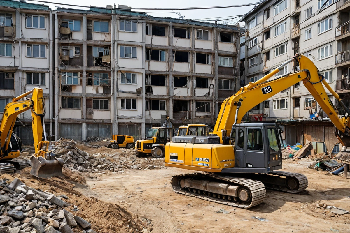 수원 입북동의 주거지역에서 텍스 철거 전 준비 단계를 보여주는 장면. 철거 예정 건물의 외부와 철거 장비가 정리된 모습, 철거 과정에서 사용되는 안전 울타리와 철거 전 안전 점검을