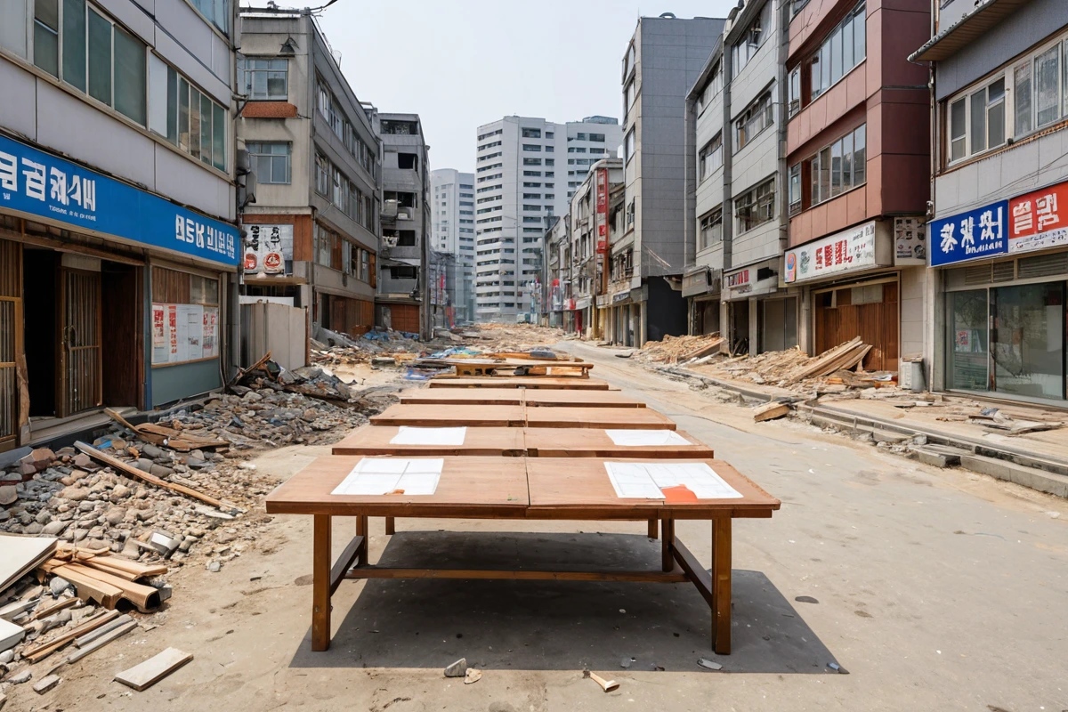 수원 입북동 주거와 상업이 혼재된 지역에서 철거 작업 전 주민 소통을 위한 안내문과 철거 계획서가 놓인 테이블. 주변에 주거 건물과 상가가 보이고, 철거 업체의 안전 기준을 확인할