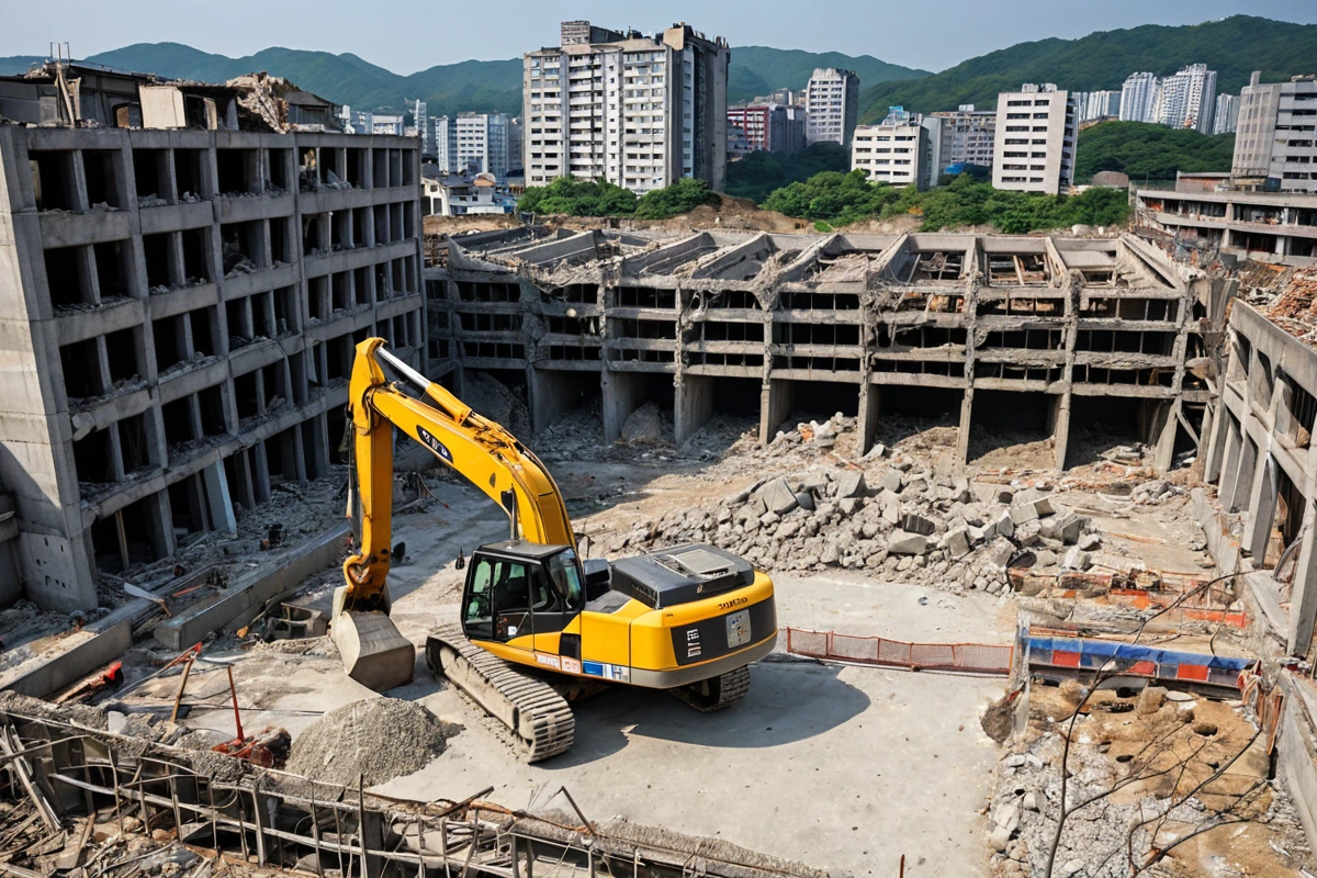 수원 장안동의 주택 철거 현장에서, 철거 중인 구조물의 재질과 규모를 분석하는 현장 사진. 철거 중인 주택의 구조물과 철거 장비가 자연스럽게 배치되어 있으며, 구조물의 재질(철근