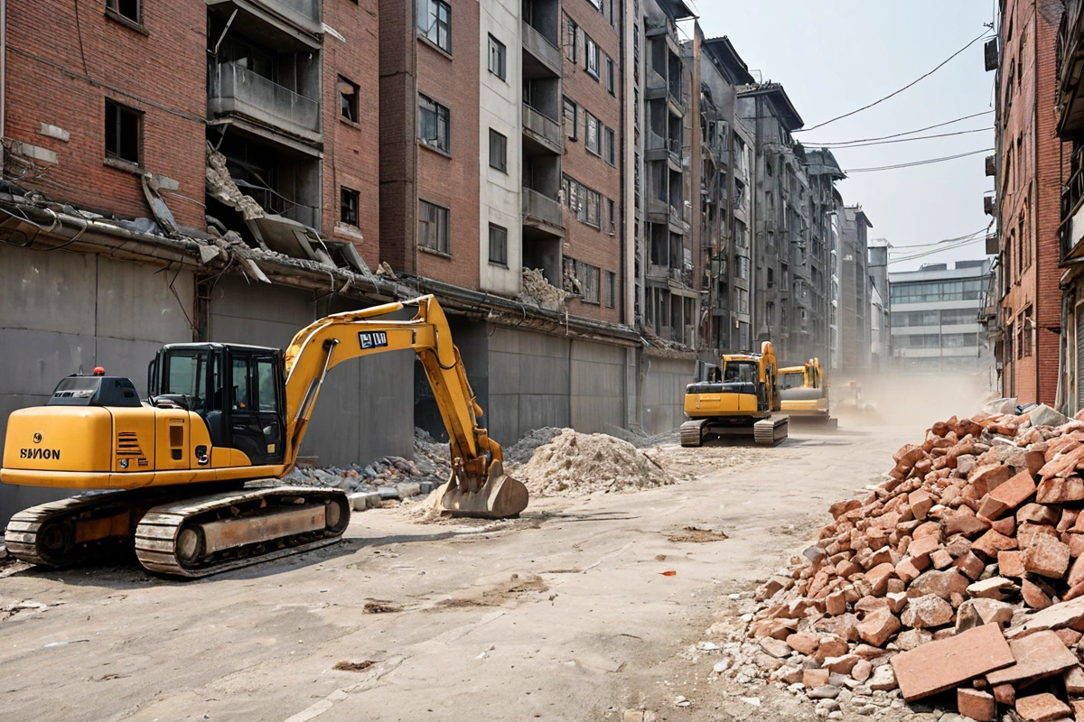 수원 장안 지역의 도시 개발 현장, 좁은 거리로 인해 주변 건물과 가까운 주거지 철거 작업 중, 철거 장비가 주변 건물의 외벽을 보호하기 위해 설치된 안전 울타리와 함께 촬영된 장