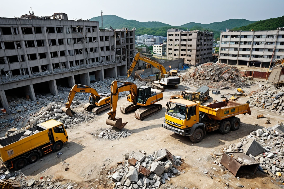 수원 정자1동의 주택 철거 현장에서 구조물 철거 과정을 보여주는 사진. 철거 중인 건물의 잔해와 철거 장비가 정리된 모습, 폐기물 처리를 위한 차량이 배치된 배경.