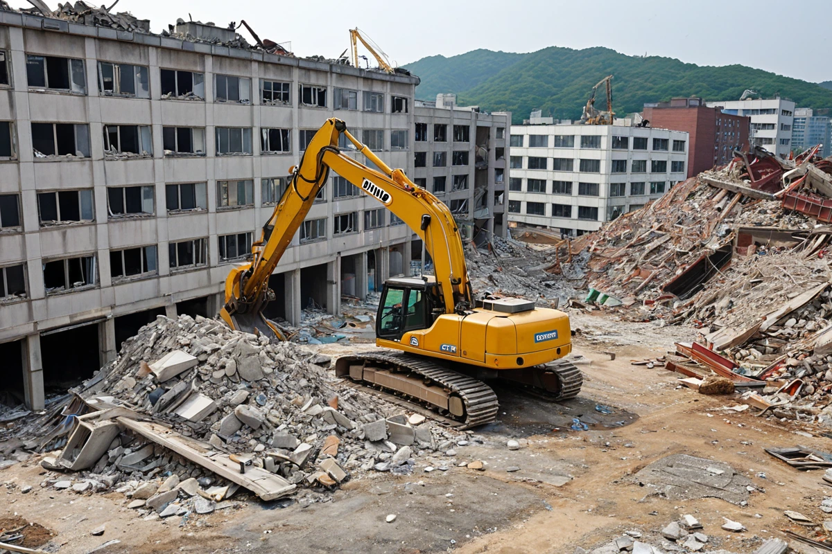 수원 정자2동의 소규모 건물 철거 현장, 평당 7만 원 비용으로 진행된 50평 규모 건물의 철거 중인 모습. 건물 구조물이 양호한 상태로 철거 장비가 정확히 설치되어 있는 모습. 