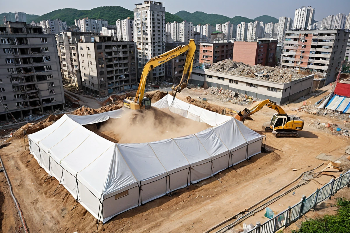 수원 정자동의 주거 지역에서 철거 작업 중 먼지 차단을 위한 천막이 설치된 장면, 주변 건물과의 거리가 적당히 유지된 철거 현장, 먼지가 빠져나가지 않도록 천막이 단단히 고정된 모