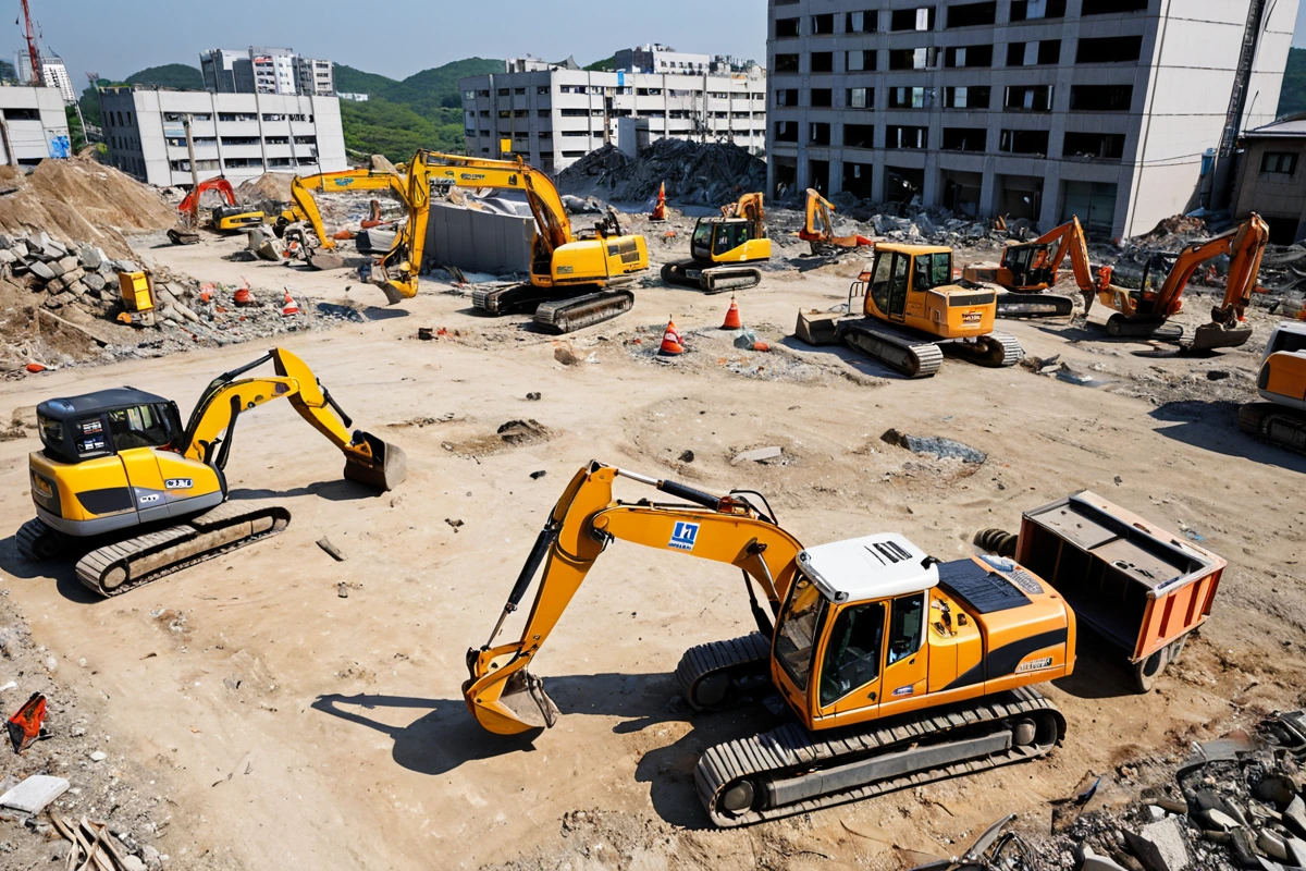 수원 정자지구의 철거 전문 업체의 철거 장비와 안전 장비가 준비된 현장, 철거 작업을 위한 정리된 공간
