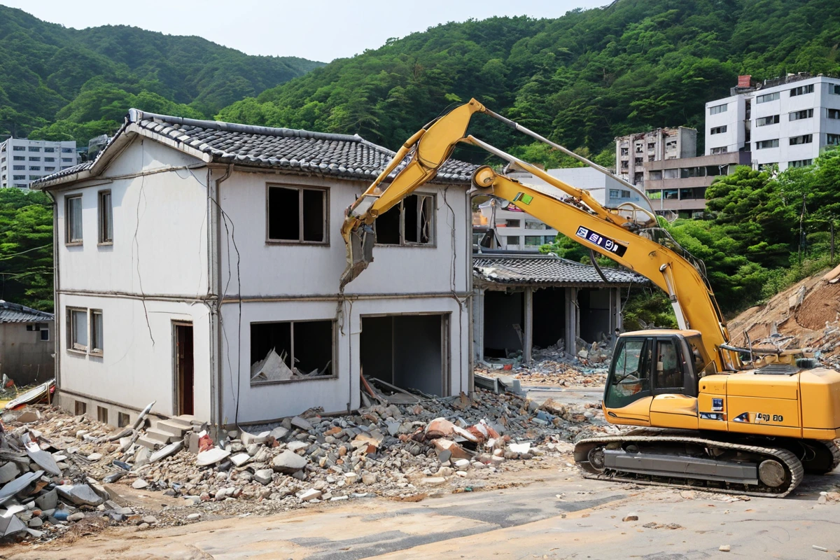 수원 조원1동의 20년 이상 된 단독 주택 철거 현장, 외벽에 균열이 보이는 건물과 철거 장비가 준비된 모습, 뒤로는 경기도 도로가 보이는 자연스러운 철거 현장