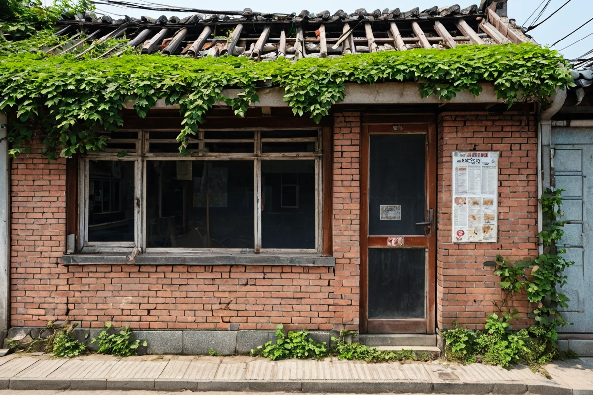 수원 천천동 지역의 오래된 카페 건물 외부, 구조적 손상이 확인되는 부분과 철거 전 점검을 위한 표시판이 놓인 장면. 건물의 나이와 상태를 반영한 구조적 특징이 드러난다.