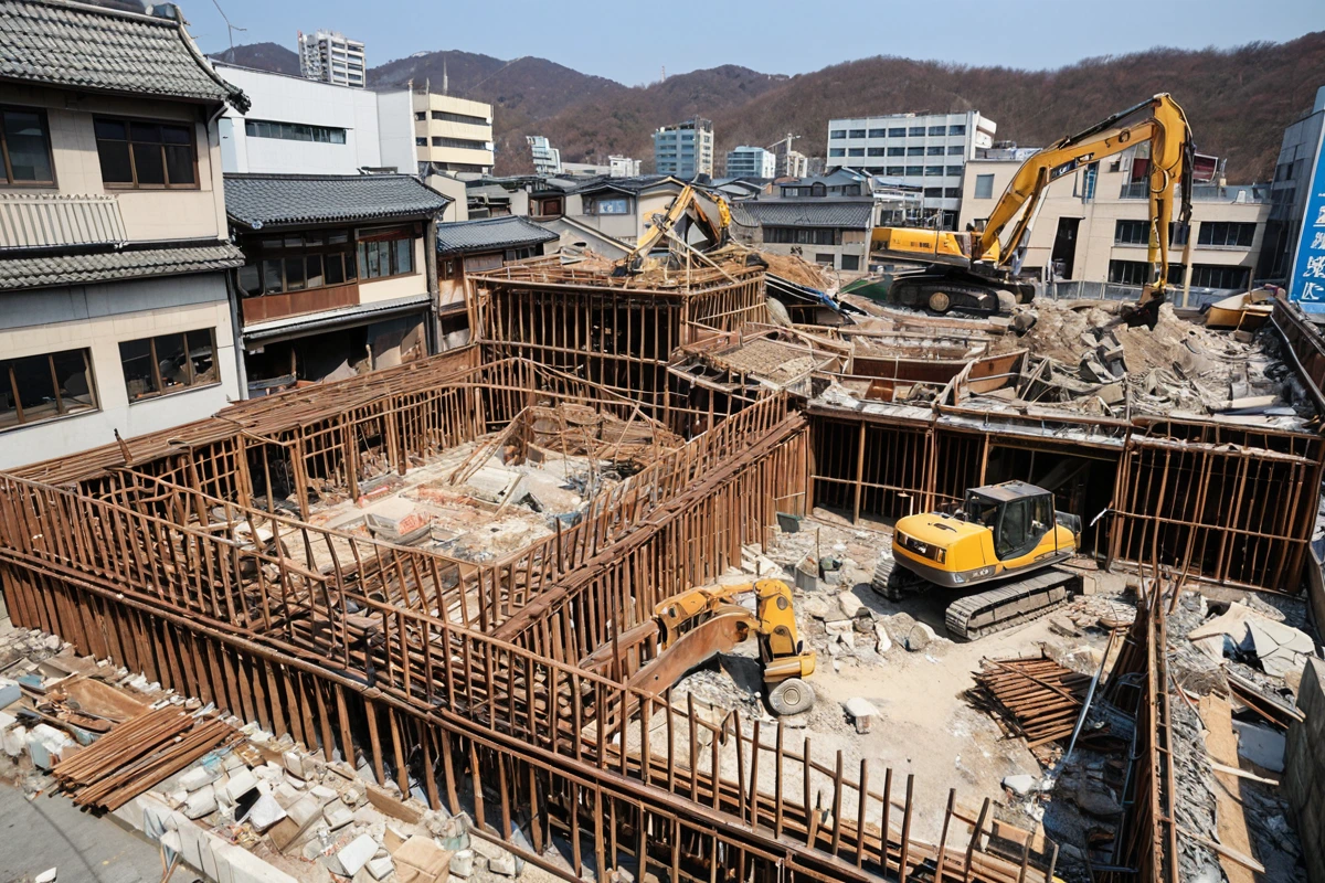 수원 천천동 카페 철거 현장의 목조 구조물과 철거 중인 철근, 철거 과정에서 발생한 재료 분리된 모습이 자연스럽게 배치된 장면, 철거 비용 최소화를 위한 사전 점검을 반영한 구조물
