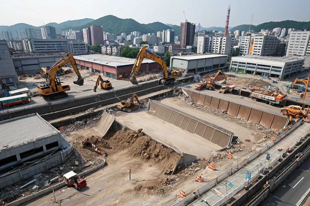 수원 청명역 인근의 교통 혼잡한 도로 주변에서 철거 작업 중인 현장, 소음 방지 장비와 먼지 제어 시스템이 설치된 상태로 철거 작업이 진행 중인 모습. 주변 건물과 도로의 혼잡함을